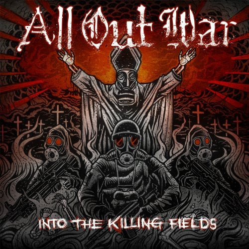 the album cover for All Out War - Into the Killing Fields