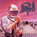 the album cover for Death - Leprosy [Clear Vinyl with Neon Magenta Pinwheels with HEAVY Aqua Blue, Gold & Bone White Splatter LP]