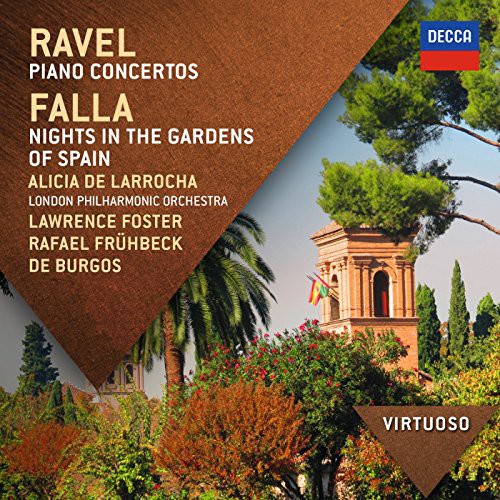 the album cover for De Larrocha / Foster / Lpo - Virtuoso: Ravel - Piano Concertos / Falla: Nights