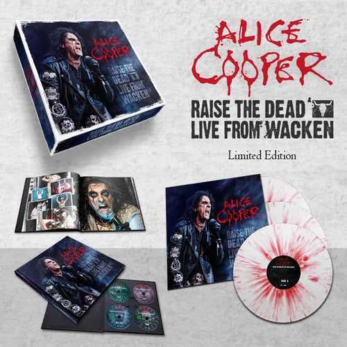 the album cover for Alice Cooper - Raise the Dead: Live From Wacken [Limited Edition Vinyl Box Set w/CD/DVD/Blu-Ray]