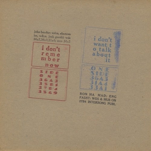 the album cover for John Bender - I Don't Remember Now / I Don't Want to Talk About