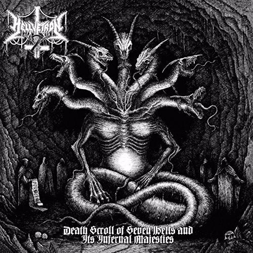 the album cover for Hellvetron - Death Scroll Of Seven Hells And It's Infernal Majesties
