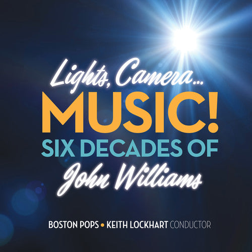 the album cover for Boston Pops Orchestra - Lights Camera Music Six Decades Of John Williams