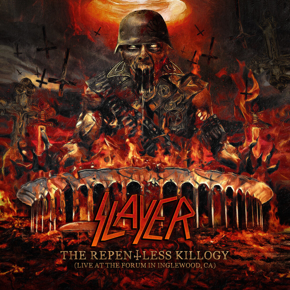 the album cover for Slayer - The Repentless Killogy (Live at The Forum in Inglewood, CA) [Indie Exclusive Limited Edition Red/Orange/Black 2LP]