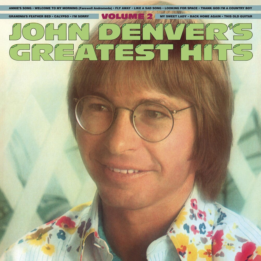 the album cover for John Denver - Greatest Hits Volume Two [180 Gram Translucent Gold & Blue Swirl Vinyl/Limited Anniversary Edition/Gatefold Cover LP]