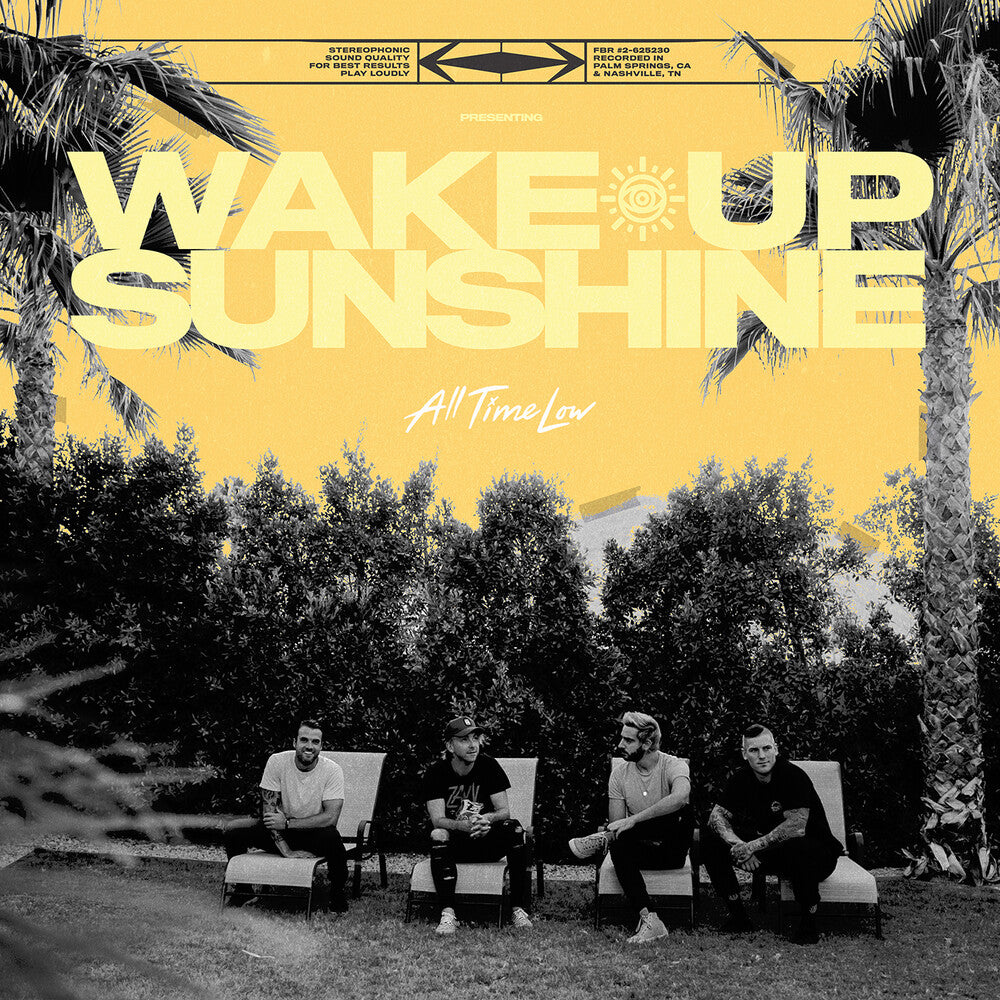 the album cover for All Time Low - Wake Up, Sunshine [Indie Exclusive Limited Edition Custard W/ White Splatter LP]