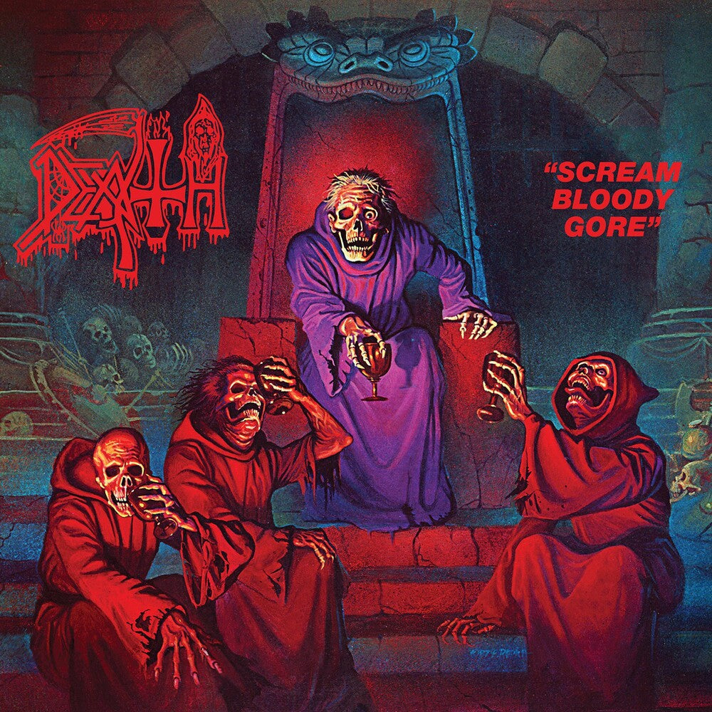 the album cover for Death - Scream Bloody Gore [Clear with Blood Red Pinwheels with Heavy Aqua Blue, Neon Violet & Bone White Splatter LP]