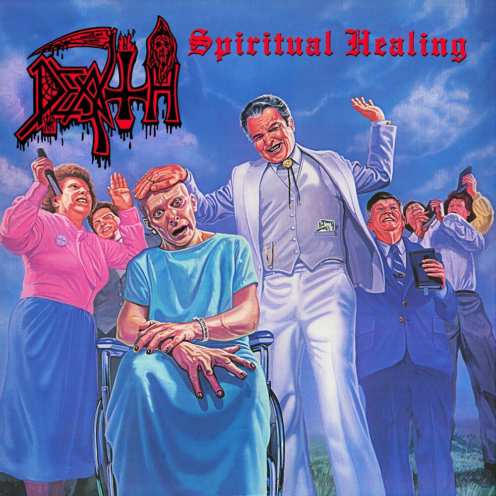 the album cover for Death - Spiritual Healing [Clear with Cyan Blue Pinwheels with Heavy Blood Red, Black & White Splatter LP]