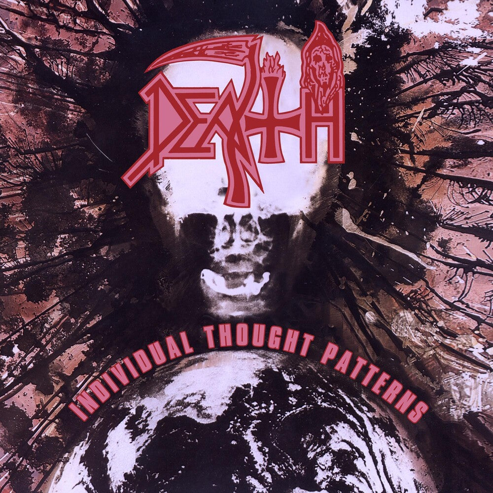 the album cover for Death - Individual Thought Patterns [Clear with White Pinwheels with Heavy Baby Pink, Blood Red & Swamp Green Splatter LP]