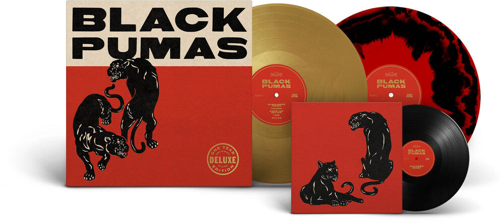the album cover for Black Pumas - Black Pumas: Deluxe Edition [Gold/Black & Red Splatter 2LP+7in]
