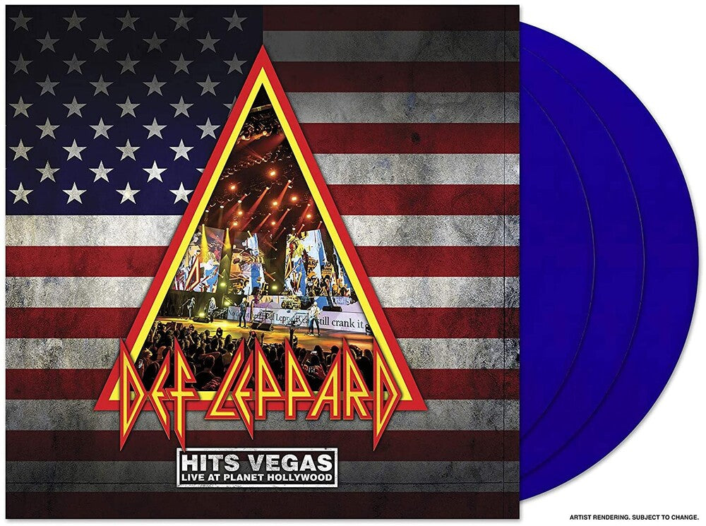 the album cover for Def Leppard - Hits Vegas - Live At Planet Hollywood [Limited Edition Translucent Blue 3LP]