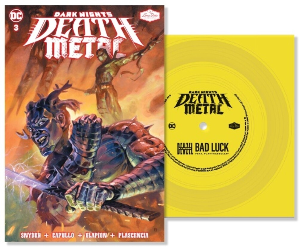 the album cover for Denzel Curry/PlayThatBoiZay - Bad Luck (DC - Dark Nights: Death Metal Version) [Indie Exclusive Limited Edition Yellow 7in Flexi Disc + Comic]