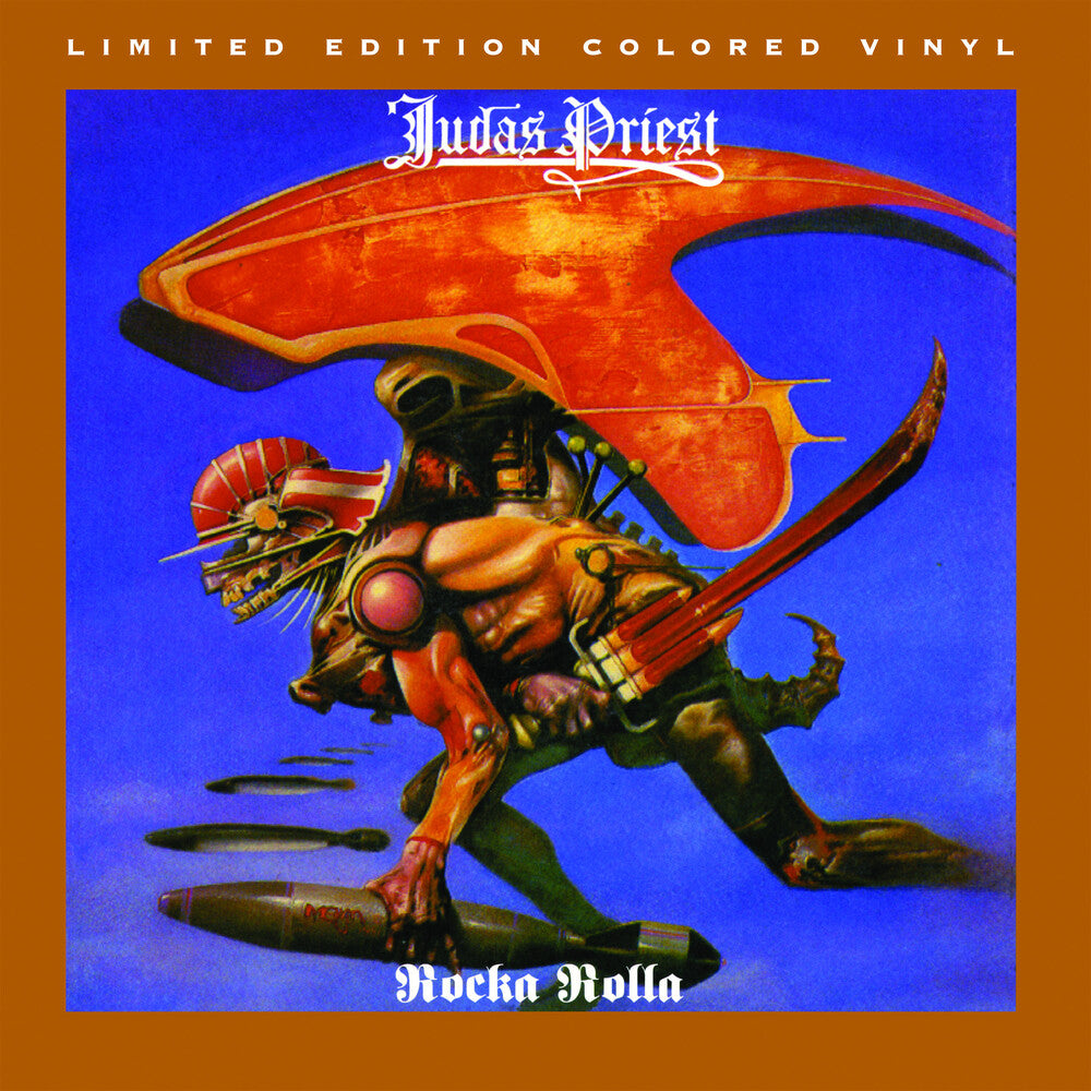 the album cover for Judas Priest - Rocka Rolla (Translucent Grape  with Opaque White, Black Splatter)