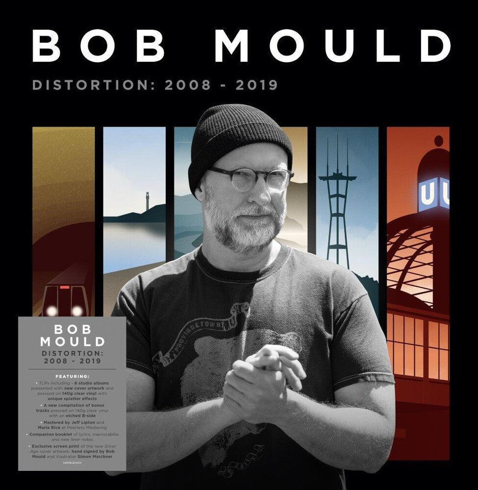 the album cover for Bob Mould - Distortion: 2008-2019 [Signed 140-Gram Clear Splatter Vinyl]