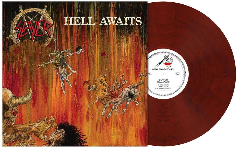 the album cover for Slayer - Hell Awaits [Limited Edition Red Marbled LP]
