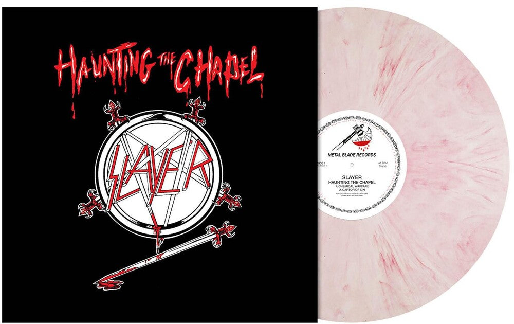 the album cover for Slayer - Haunting The Chapel [Limited Edition Red & White Marbled LP]