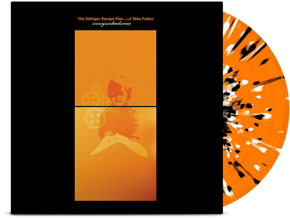 the album cover for The Dillinger Escape Plan - Irony Is A Dead Scene EP: 20th Anniversary Edition [Tangerine with Black/White Splatter Vinyl]