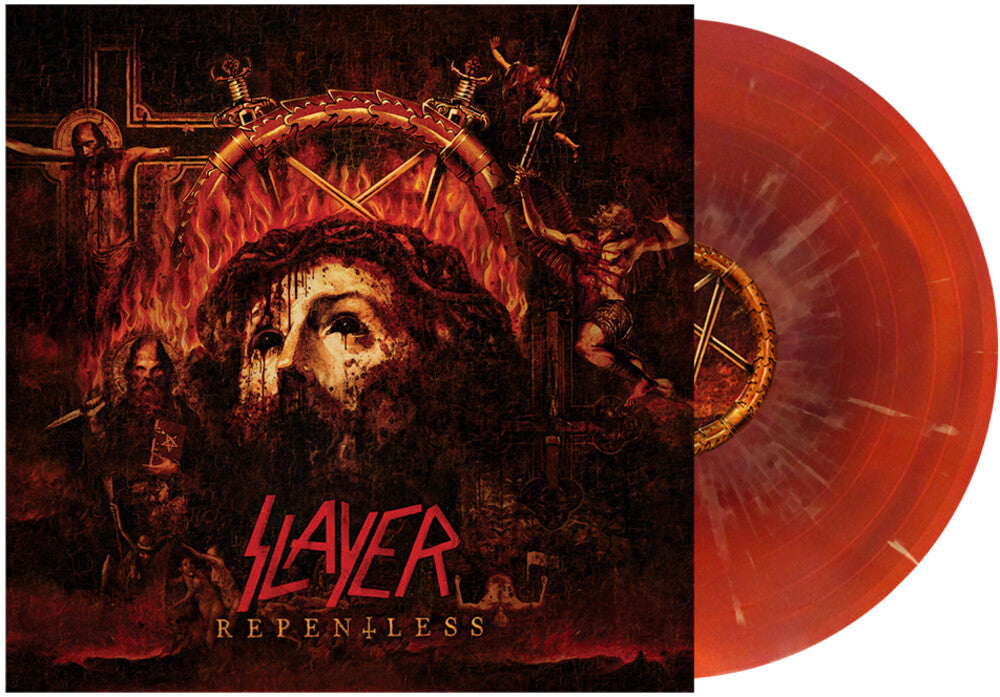 the album cover for Slayer - Repentless [Limited Edition Oxblood & Orange Swirl W/ Mustard LP]
