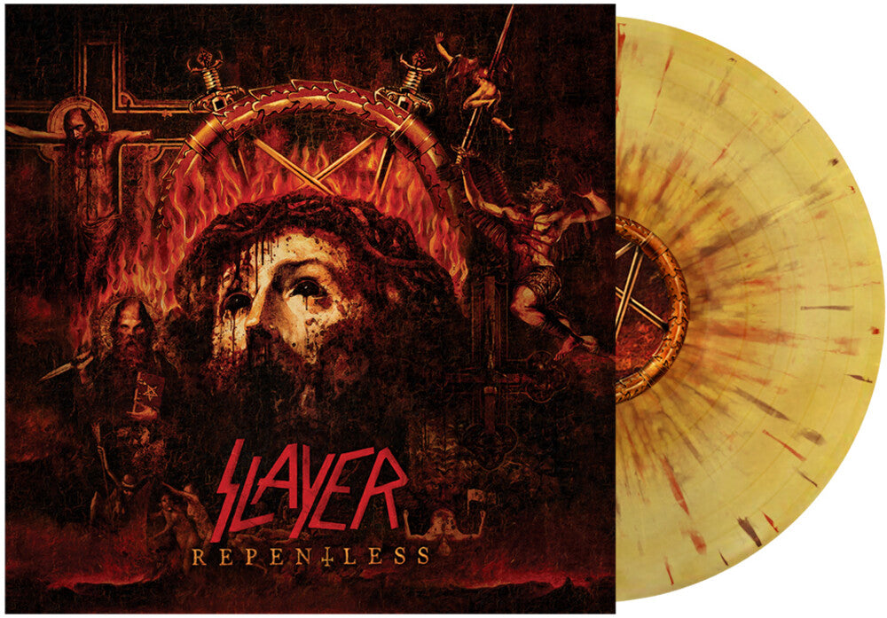 the album cover for Slayer - Repentless [Indie Exclusive Limited Edition Beer Mustard Swirl w/ Red & Brown Splatter LP]