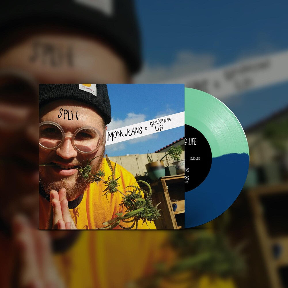 the album cover for Mom Jeans. - Mom Jeans. / Graduating Life - Split [7in Half Green/Half Blue Vinyl]