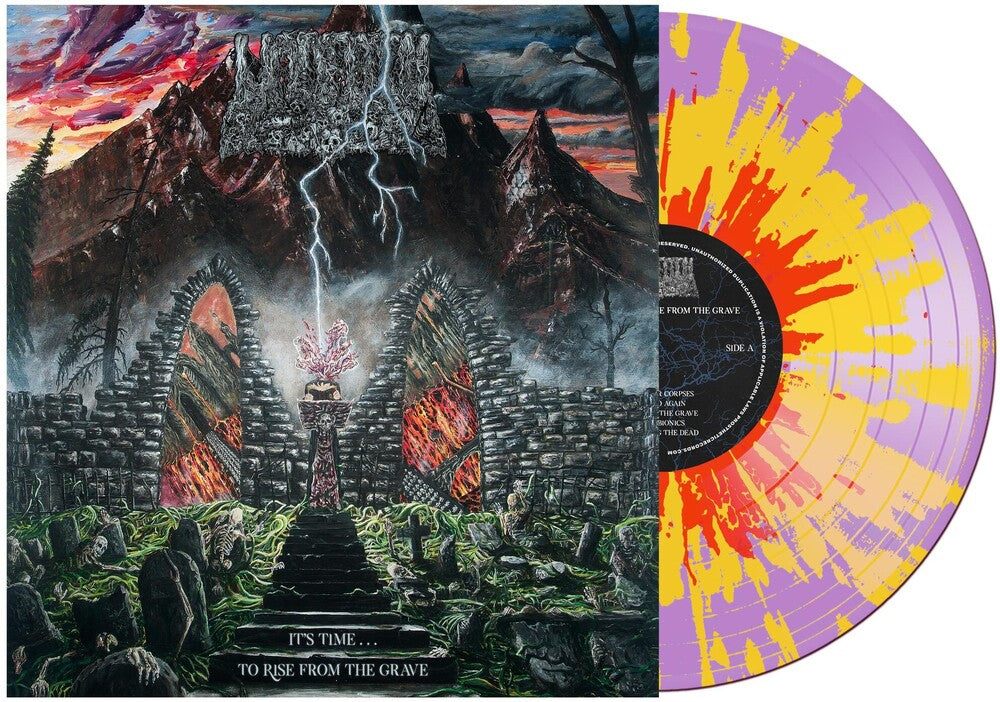 the album cover for Undeath - It's Time...To Rise From The Grave [Indie Exclusive Limited Edition Violet w/ Red & Yellow Splatter LP]