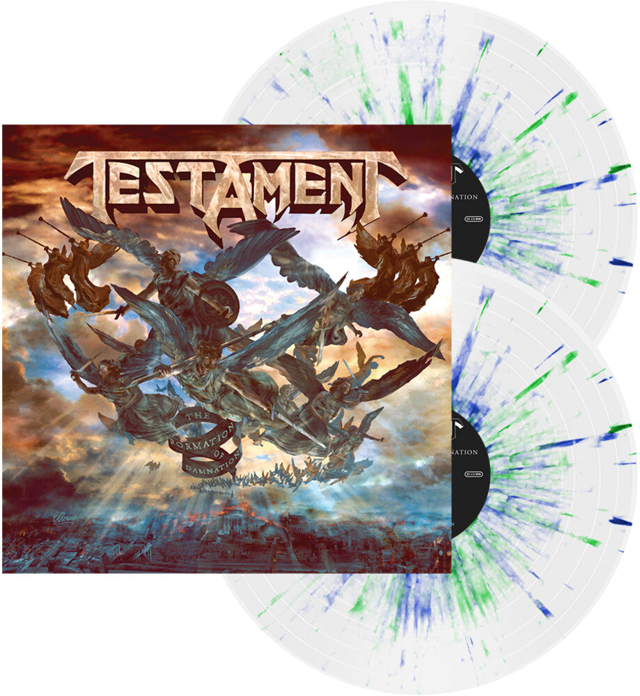 the album cover for Testament - The Formation of Damnation [Limited Edition White w/ Blue & Green Splatter 2LP]
