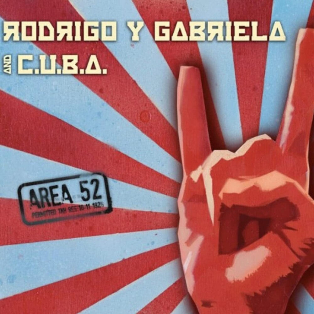 the album cover for Rodrigo Y Gabriela - Area 52 [Red/Blue Splatter 2LP]