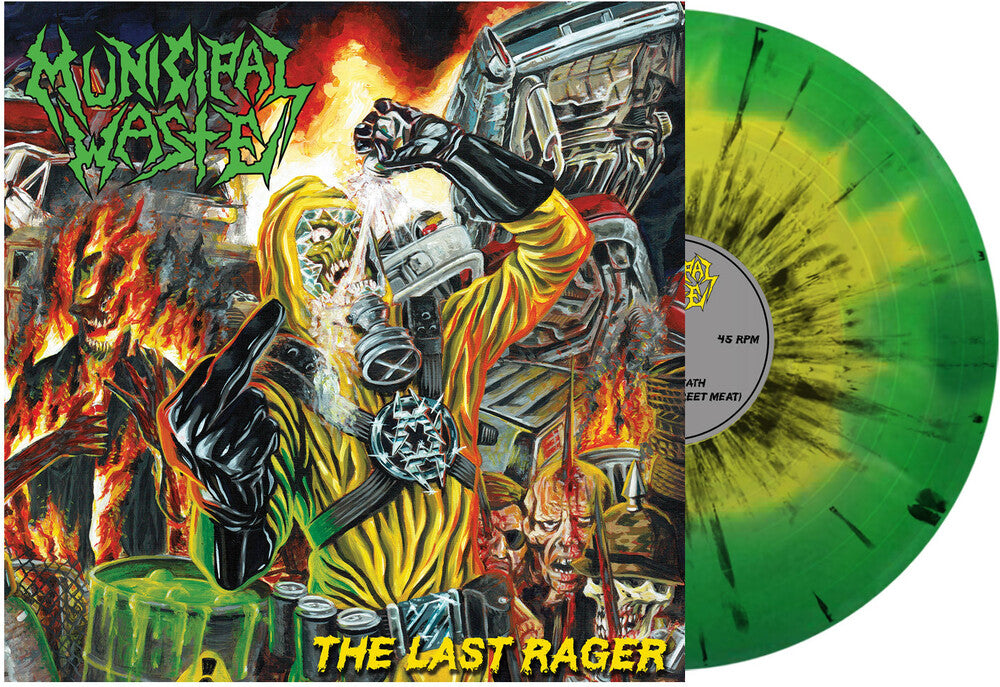 the album cover for Municipal Waste - Last Rager - Yellow & Green Swirl Black Splatter