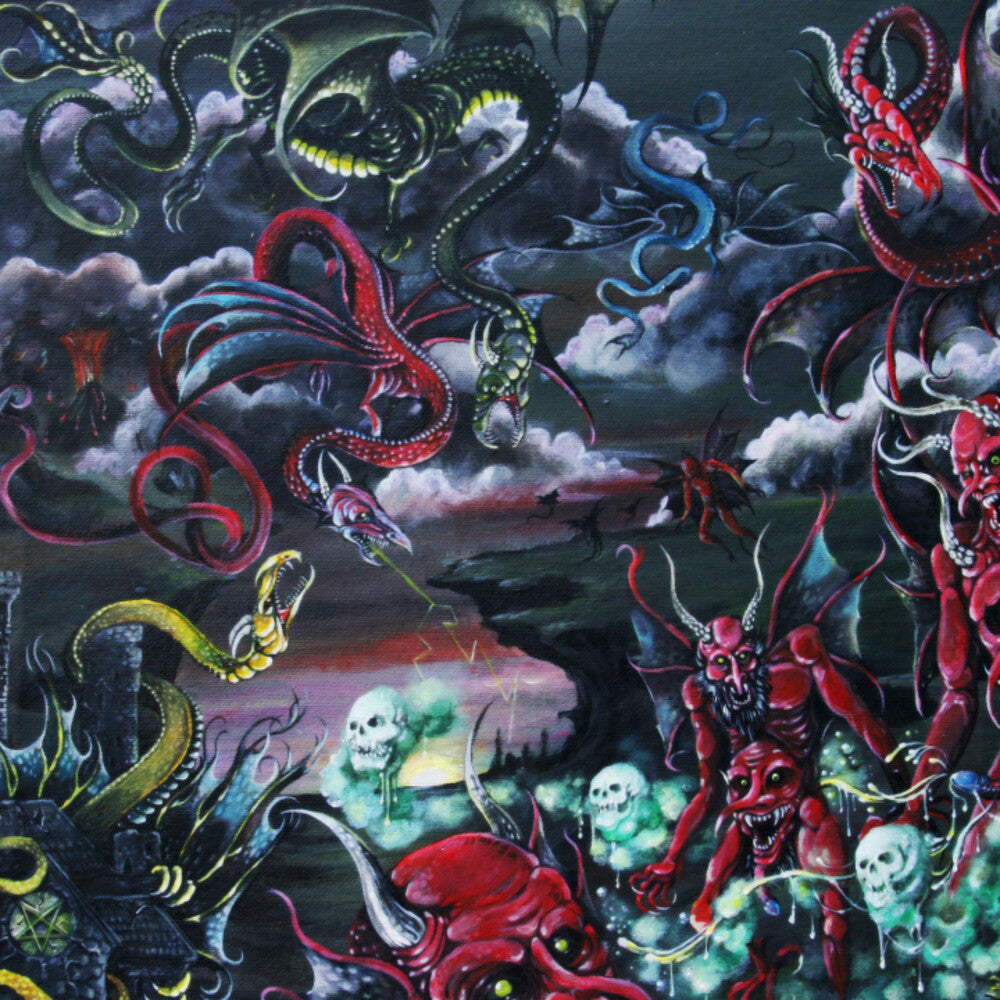 the album cover for Daeva - Through Sheer Will & Black Magic... - Red/black splatter