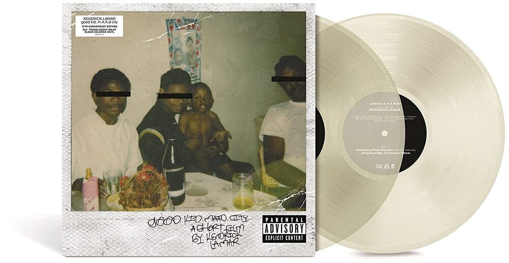 the album cover for Kendrick Lamar - good kid, m.A.A.d city: 10th Anniversary Edition [Indie Exclusive Limited Edition Milky Clear Translucent 2 LP]