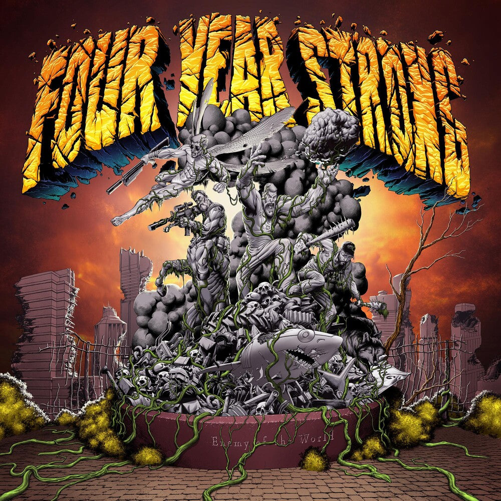 the album cover for Four Year Strong - Enemy of the World: Re-Recorded [Indie Exclusive Limited Edition Orange w/ Brown Splatter LP]
