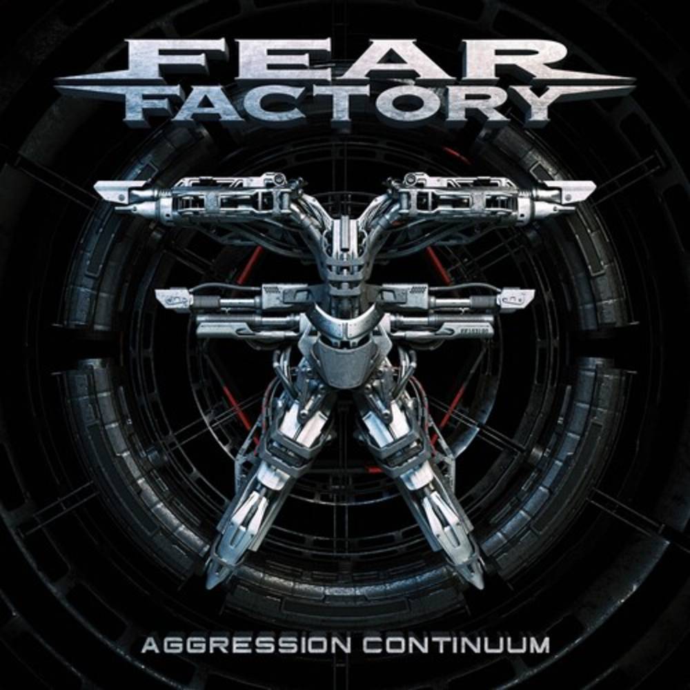 the album cover for Fear Factory - Aggression Continuum [Grey & Light Blue Swirl w/ Black Splatter 2LP]