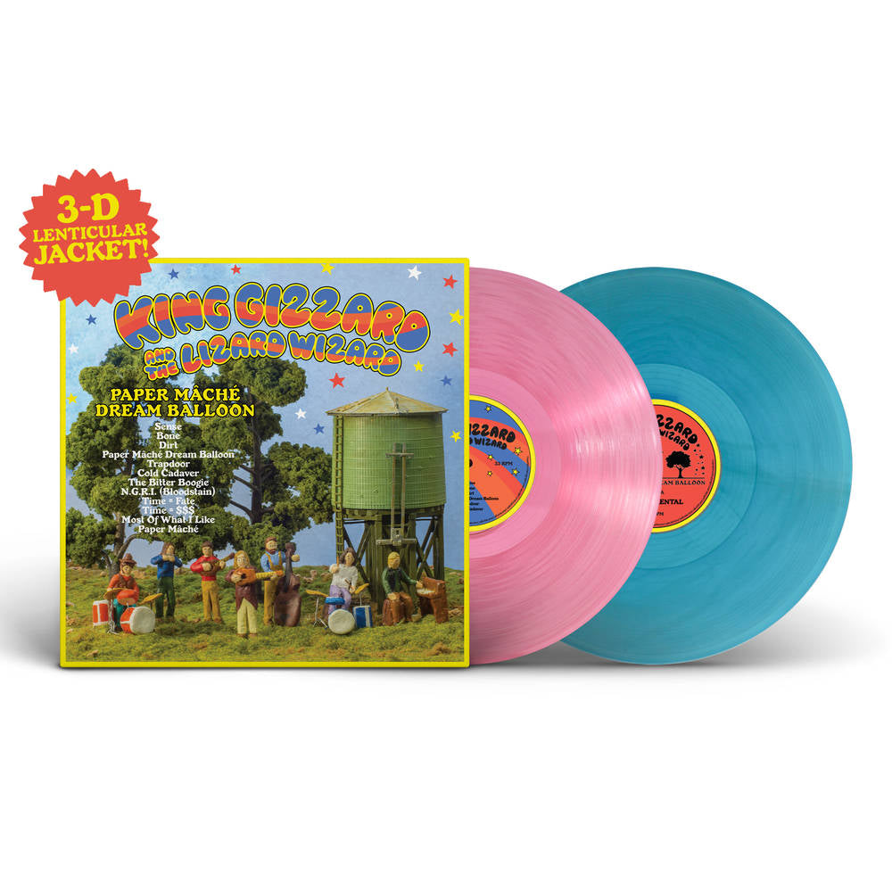 the album cover for King Gizzard & The Lizard Wizard - Paper Mâché Dream Balloon: Deluxe 3-D + Instrumental Edition [Limited Edition Pink Translucent + Blue Sea Glass 2LP]