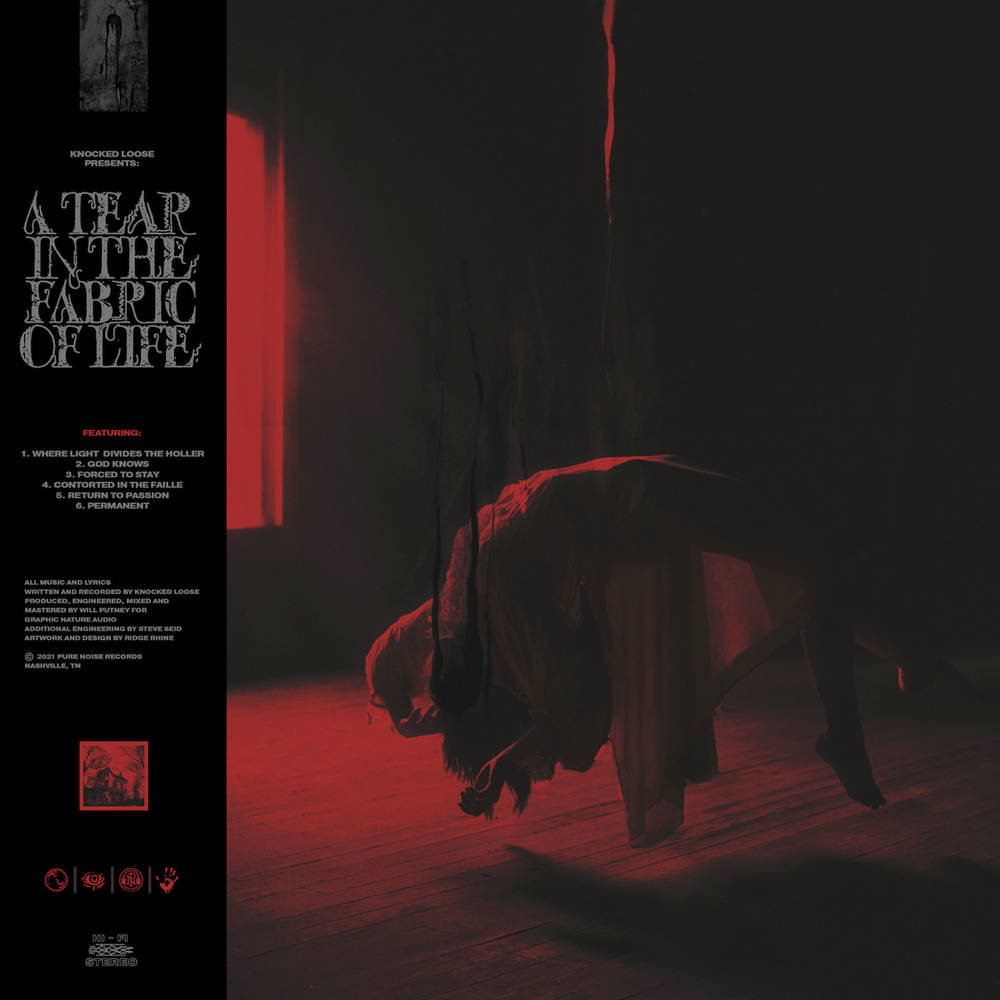 the album cover for Knocked Loose - A Tear In The Fabric Of Life EP [Indie Exclusive Limited Edition Blood Red with Heavy Black Splatter Vinyl]