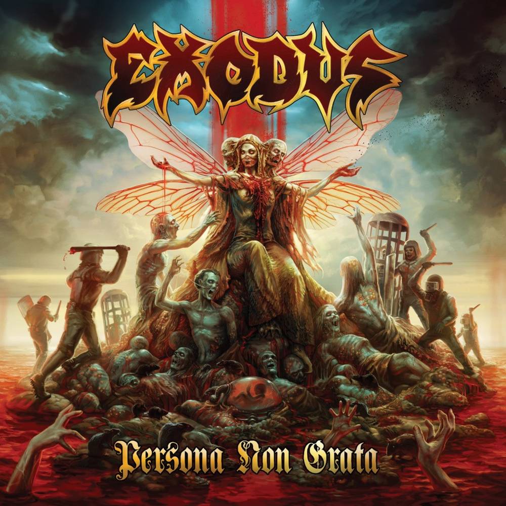 the album cover for Exodus - Persona Non Grata [Red & Mustard w/ Black Splatter 2LP]