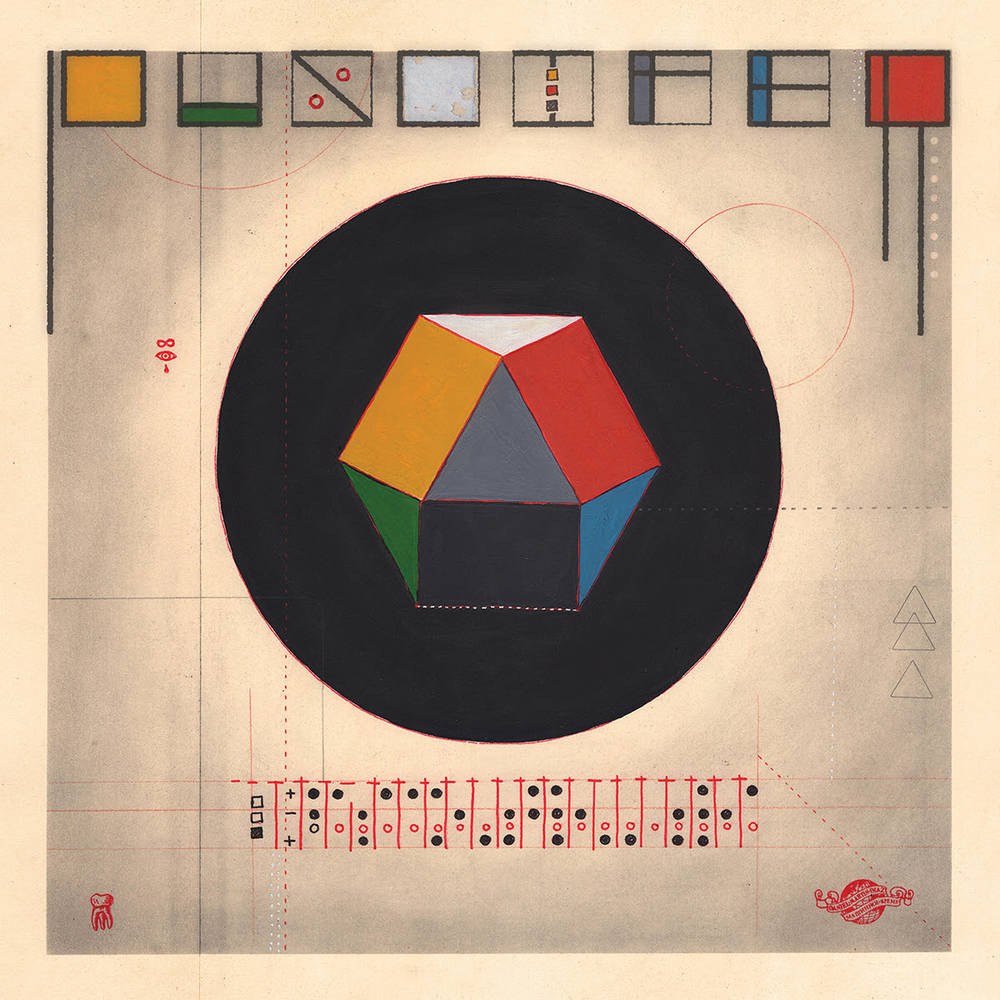 the album cover for Puscifer - Bullet Train To Iowa / The Underwhelming [Indie Exclusive Limited Edition Clear w/ Red, Yellow, Green, Blue & Black Splatter Vin