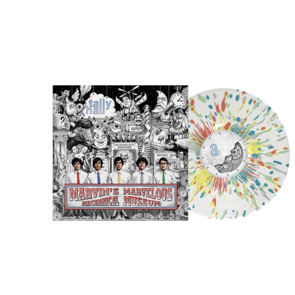 the album cover for Tally Hall - Marvin's Marvelous Mechanical Museum [Indie Exclusive Limited Edition Clear w/ 5-Color Splatter LP]