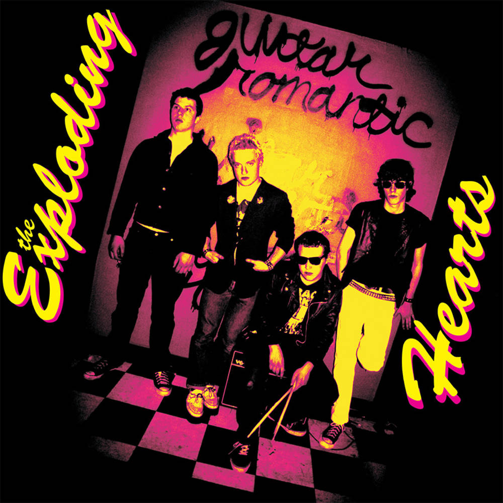 the album cover for The Exploding Hearts - Guitar Romantic: Expanded & Remastered [Indie Exclusive Limited Edition Pink/Yellow Wisp Clear LP]