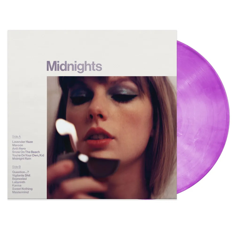 the album cover for Taylor Swift - Midnights [Love Potion Purple Marbled Edition LP]