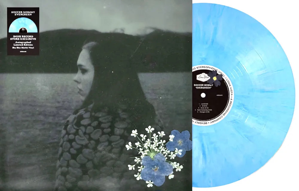 the album cover for Soccer Mommy - Evergreen [Indie Exclusive Autographed Sky Blue Marble LP]