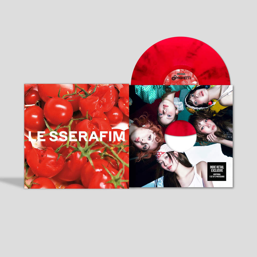 the album cover for LE SSERAFIM - 1st Single Album 'SPAGHETTI' (Indie Exclusive) [Tomato Red + Photocards]