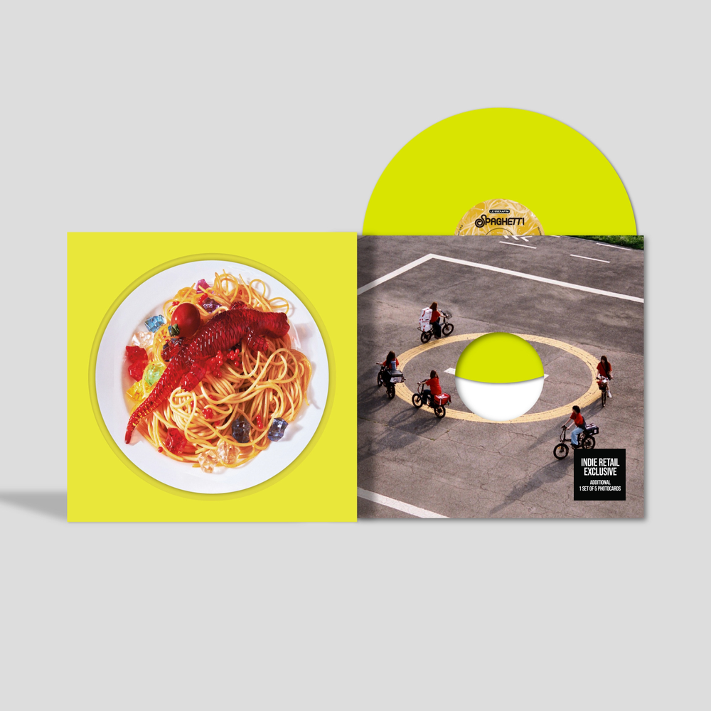 the album cover for LE SSERAFIM - 1st Single Album 'SPAGHETTI' (Indie Exclusive) [Neon Yellow + Photocards]