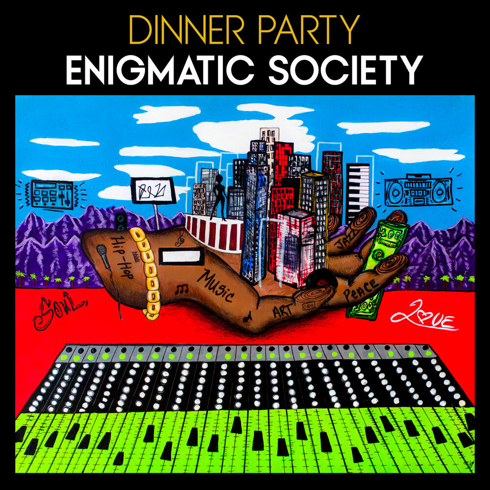 the album cover for Dinner Party - Enigmatic Society [Black & White Splatter LP]