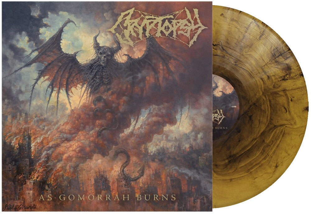 the album cover for Cryptopsy - As Gomorrah Burns - Gold & Black Galaxy (Blk)