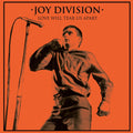 the album cover for Joy Division - Love Will Tear Us Apart - Orange/Black Splatter