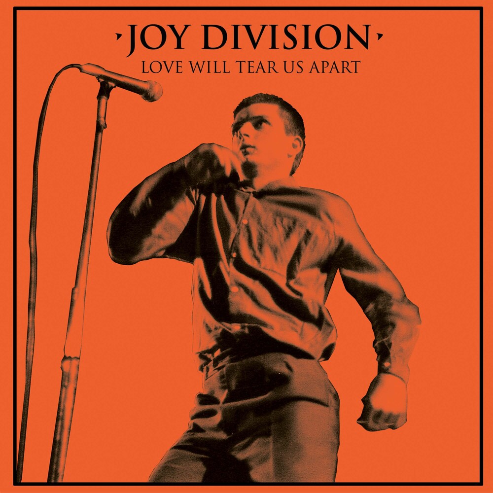 the album cover for Joy Division - Love Will Tear Us Apart - Orange/Black Splatter