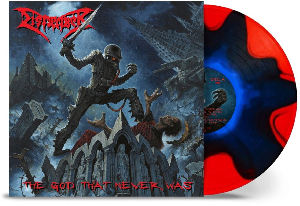 the album cover for Dismember - God That Never Was [Indie Exclusive] Blue In Red Split (Blue)