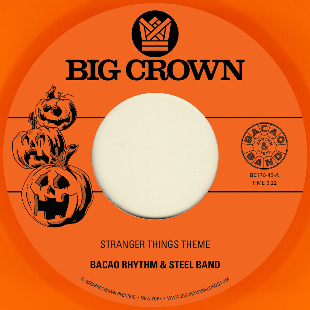 the album cover for Bacao Rhythm & Steel Band - Stranger Things Theme b/w Halloween Theme [Pumpkin Orange Vinyl Single]
