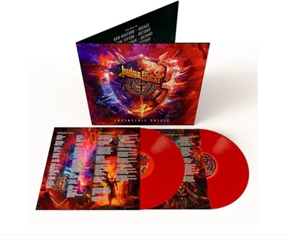 the album cover for Judas Priest - Invincible Shield [Indie Exclusive Limited Edition Red 2LP]