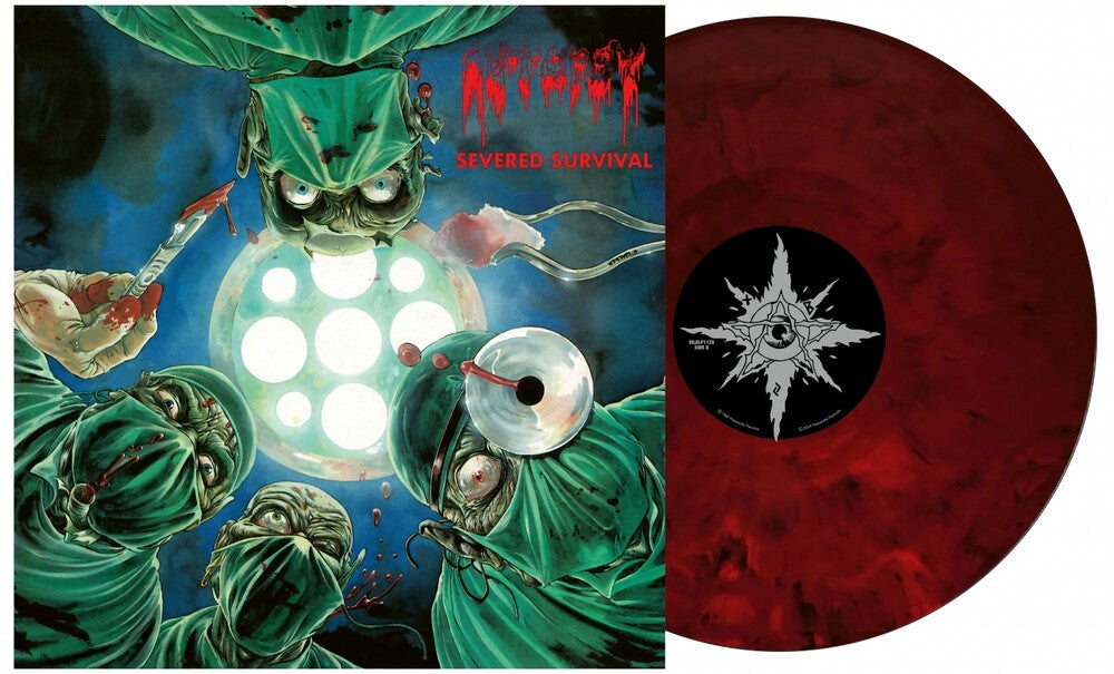 the album cover for Autopsy - Severed Survival: 35th Anniversary - Green Sleeve, 140gm Red & Black Marble Vinyl